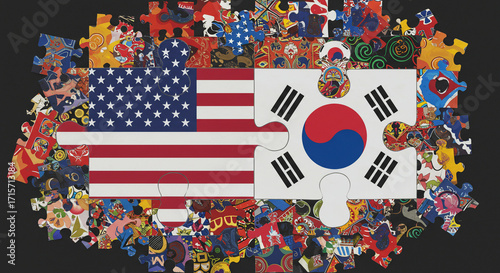 Wallpaper Mural American and Korean flags joined by puzzle pieces, surrounded by diverse cultural imagery. Torontodigital.ca