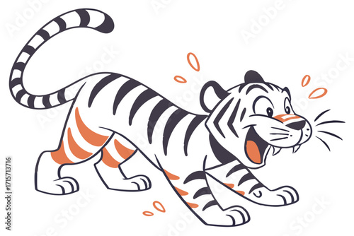Cartoon Stripped Tiger Roaring and Running on White Background
