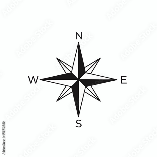 Compass Rose Navigational Star Symbol in Black and White for Direction