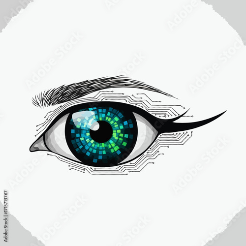 Futuristic concept of a bionic eye with a digital pixel iris and circuit board details, illustrating AI vision technology