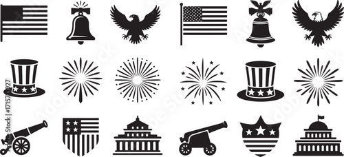 American patriotic symbols including flag bell eagle hat cannon and building vector