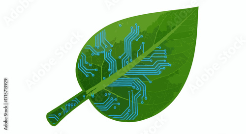 Conceptual digital art of a plant leaf with electronic pathways symbolizing biotechnology and eco-friendly solutions