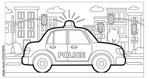 Simple police car coloring page, cartoon style, thick black outlines, no colors, white background, vector line art for kids.