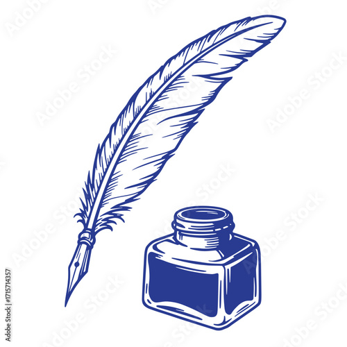 Intricate blue ink feather pen and inkwell illustration on white background