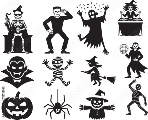 Halloween characters dancing playing music and celebrating vampire mummy