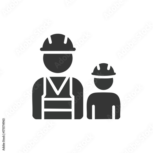 A black and white icon shows an adult construction worker in a hard hat and vest with a child, symbolizing mentorship, safety, and the industry's future.