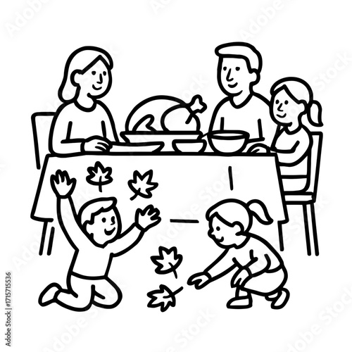 Vector art of a happy family enjoys a thanksgiving dinner with a roasted turkey on the table, while two children play with autumn leaves on the floor