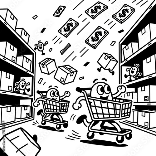 Vector art of funny cartoon characters in shopping carts rushing through a warehouse aisle filled with boxes and falling dollar bills