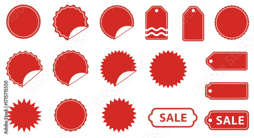 A collection of various red sale tags and stickers in different shapes and designs, including circles, starbursts, and rectangular tags.