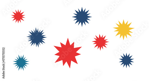 Colorful star-shaped graphic elements scattered on a white background.