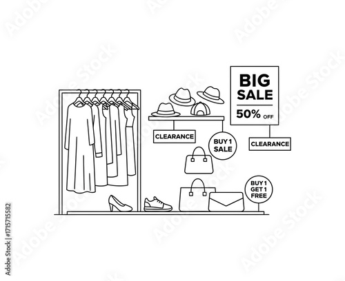 Vector art of clothing store display with dresses, hats, and shoes on sale, featuring a big sale 50 off sign