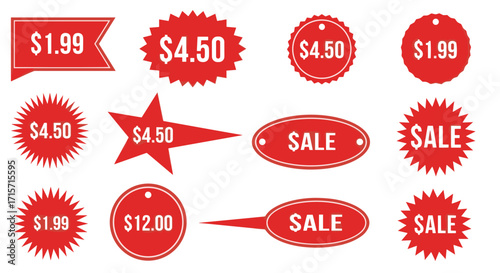 A collection of red sale tags with various prices and shapes.