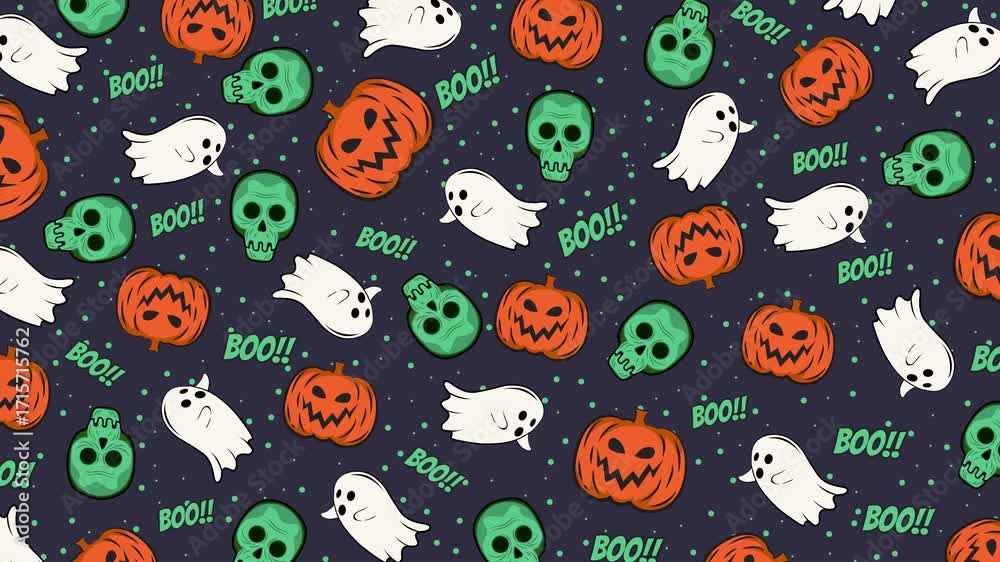 Seamless looping Halloween animation in 4K featuring cute ghosts, green skulls, pumpkins, and 