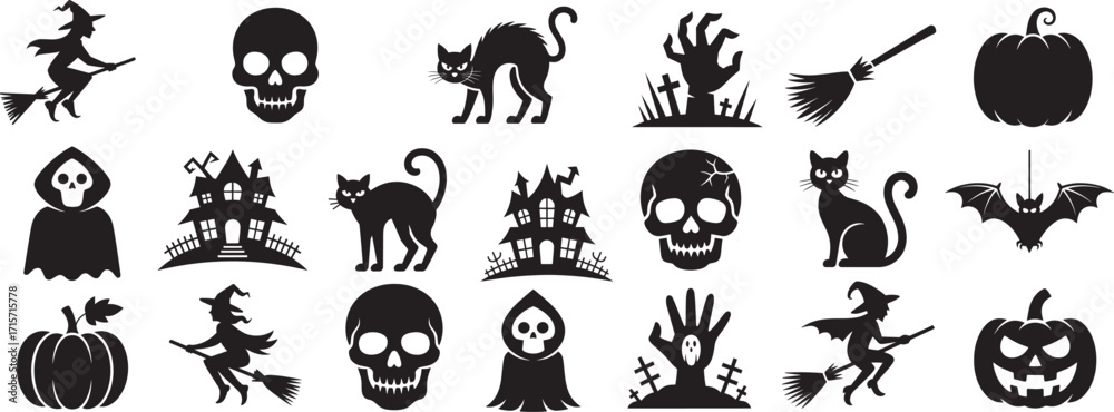 Obraz premium Halloween witches skulls cats grim reapers haunted houses pumpkins bats vector