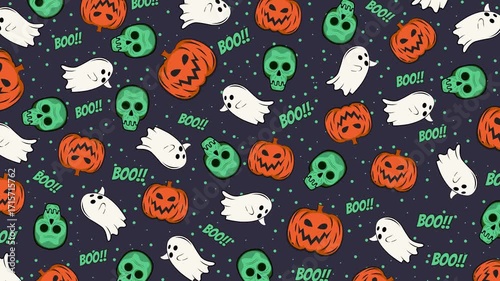 Seamless looping Halloween animation in 4K featuring cute ghosts, green skulls, pumpkins, and 