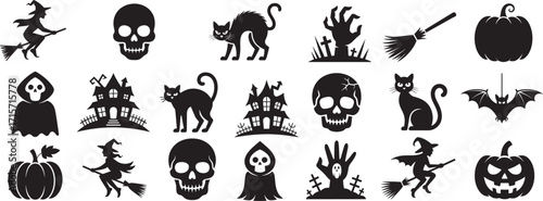 Halloween witches skulls cats grim reapers haunted houses pumpkins bats vector