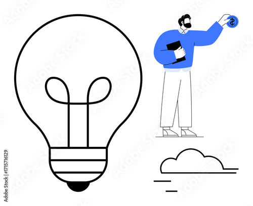 Man holding coin near large light bulb with clouds representing innovation, savings, and solutions. Ideal for finance, investment, creativity, business growth, strategy, problem-solving economics