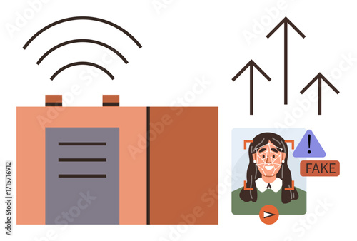 Device emitting signals, AI-detected fake photo marked Fake with warning sign, upward arrows. Ideal for media literacy, AI analysis, fake news, technology, cybersecurity, digital ethics education