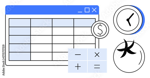 Spreadsheet interface with currency icon, calculator, clock symbolizing time tracking, and compass for guidance. Ideal for finance management, budgeting, accounting, analytics, productivity