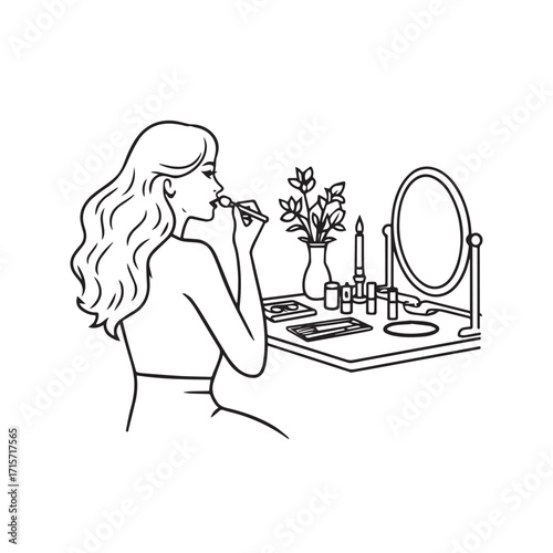 Black and white line art of a beautiful woman doing makeup at dressing table with mirror illustration
