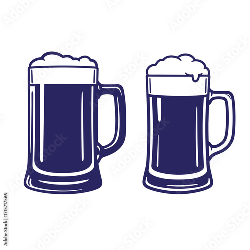 Two beer mugs side by side with frothy foam outline isolated on a white background