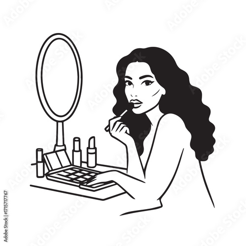 Black and white line art of a beautiful woman doing makeup at dressing table with mirror illustration
