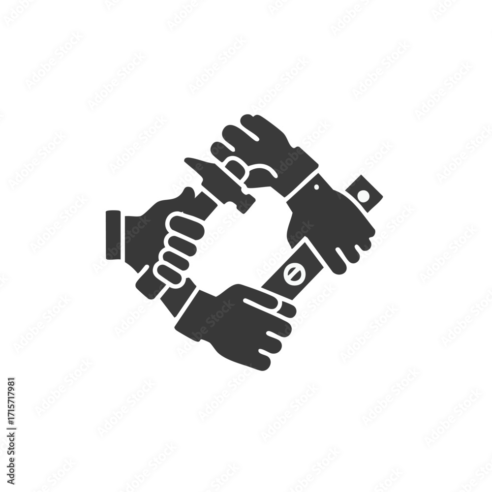 Fototapeta premium A powerful silhouette graphic depicting four hands collaboratively holding construction tools, symbolizing unity, skilled craftsmanship, and collective effort in projects.