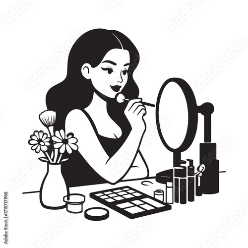 Black and white line art of a beautiful woman doing makeup at dressing table with mirror illustration

