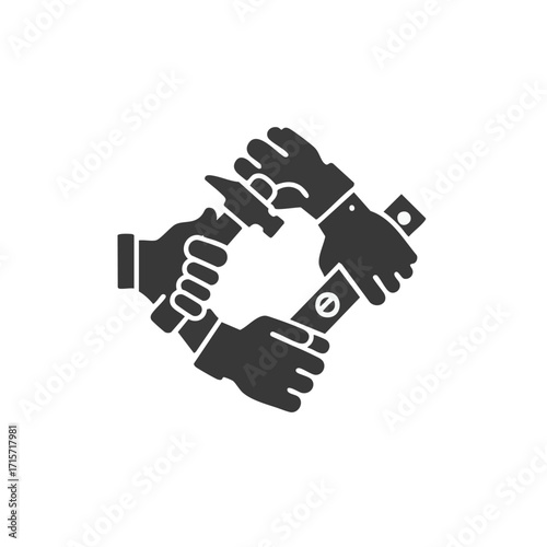 A powerful silhouette graphic depicting four hands collaboratively holding construction tools, symbolizing unity, skilled craftsmanship, and collective effort in projects.