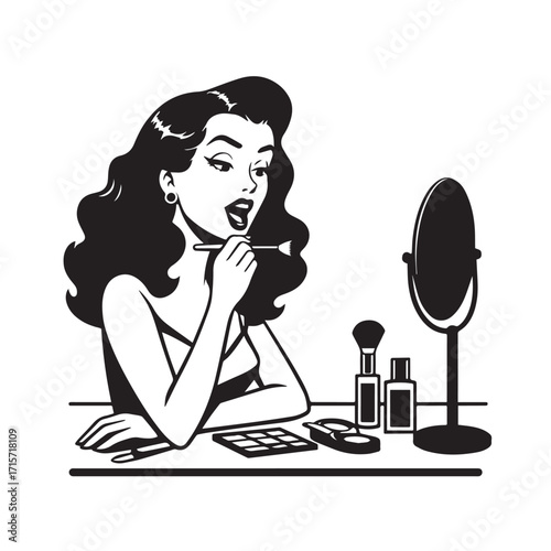 Black and white line art of a beautiful woman doing makeup at dressing table with mirror illustration
