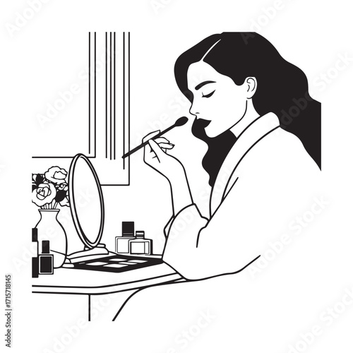 Black and white line art of a beautiful woman doing makeup at dressing table with mirror illustration
