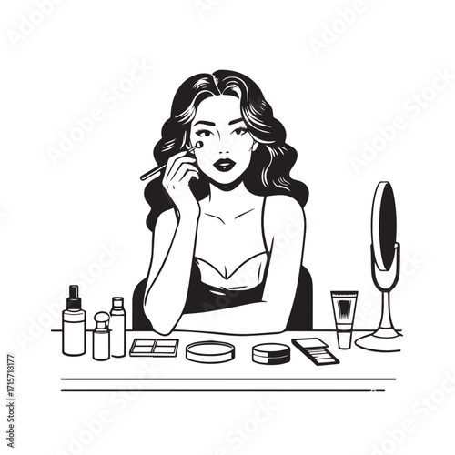 Black and white line art of a beautiful woman doing makeup at dressing table with mirror illustration
