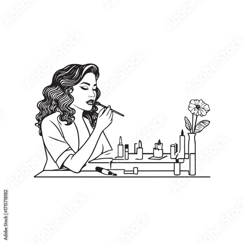 Black and white line art of a beautiful woman doing makeup at dressing table with mirror illustration
