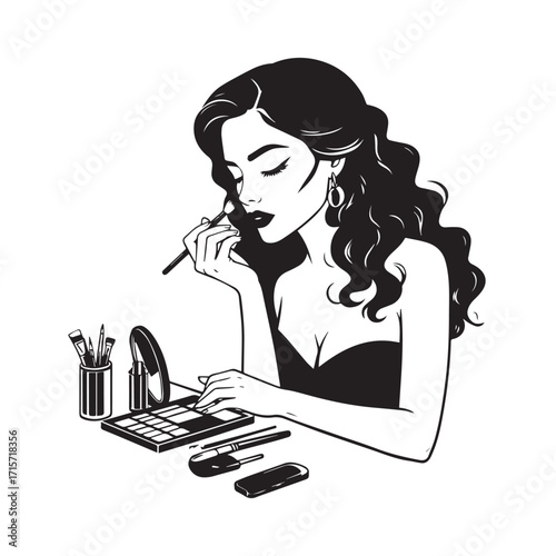 Black and white line art of a beautiful woman doing makeup at dressing table with mirror illustration
