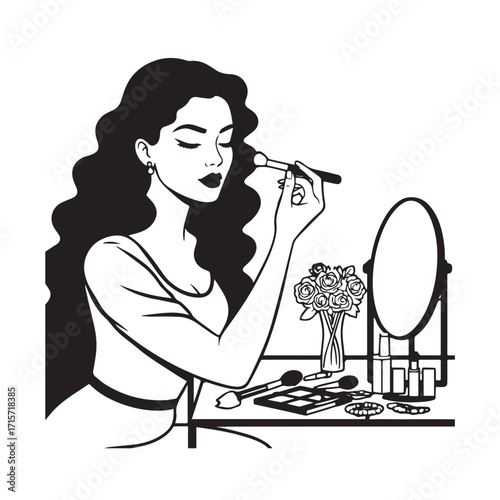 Black and white line art of a beautiful woman doing makeup at dressing table with mirror illustration
