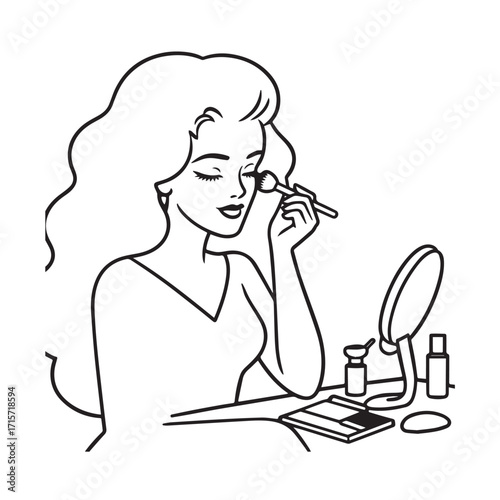 Black and white line art of a beautiful woman doing makeup at dressing table with mirror illustration
