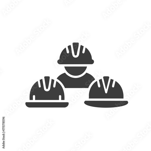 A simple, yet powerful icon representing a construction team, featuring a central worker and two hard hats, symbolizing safety, collaboration, and engineering roles.