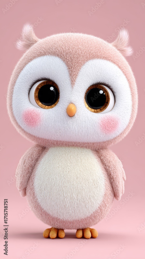Fototapeta premium Adorable Pink Fluffy Cartoon Owl with Large Expressive Eyes