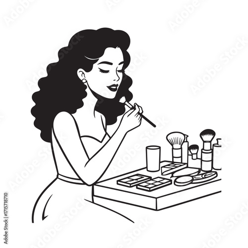 Black and white line art of a beautiful woman doing makeup at dressing table with mirror illustration
