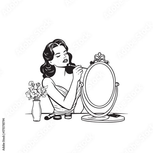 Black and white line art of a beautiful woman doing makeup at dressing table with mirror illustration
