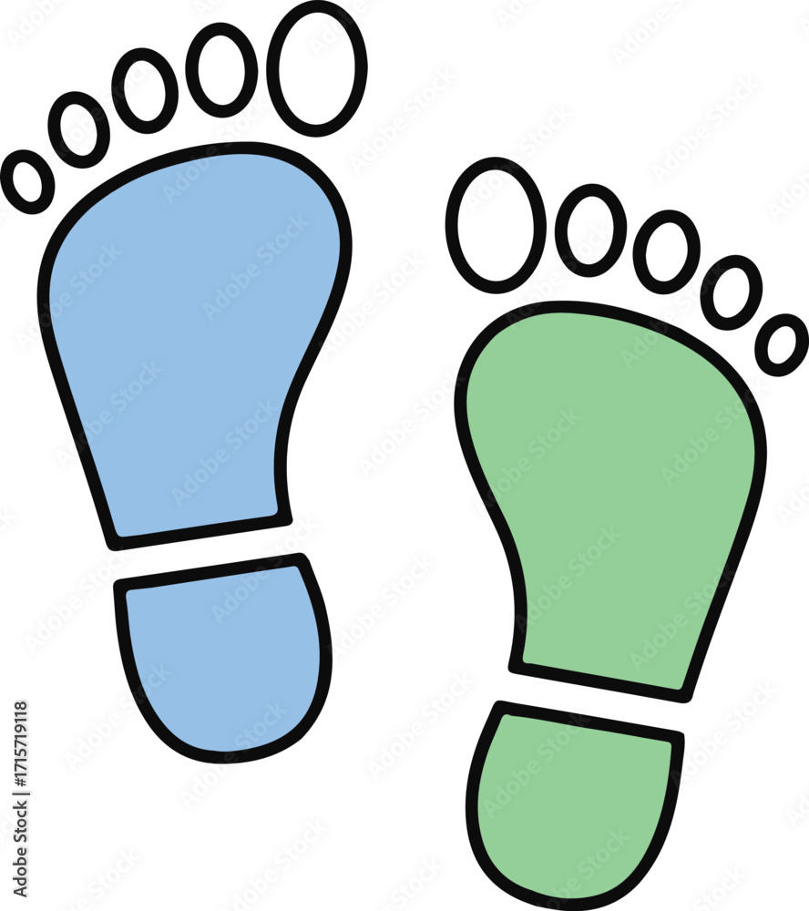 Obraz premium Colorful Footprint Vector Illustration. Blue and Green Human Feet Silhouette, Minimal Outline Footstep Icon for Kids, Education, Walking Path, Eco and Creative Design