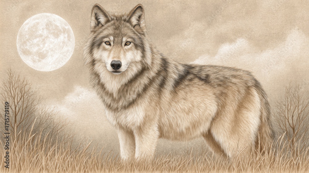 Obraz premium Gray Wolf Standing in Moonlit Field
