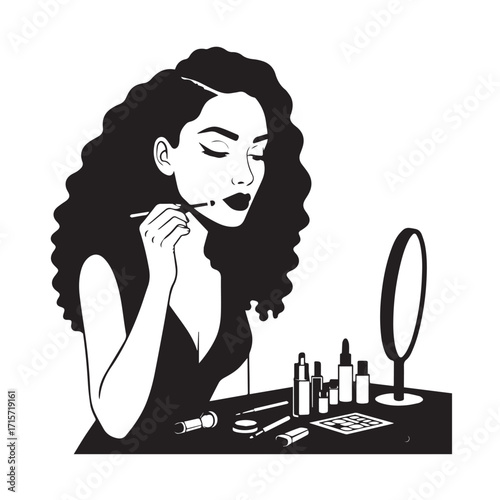 Black and white line art of a beautiful woman doing makeup at dressing table with mirror illustration
