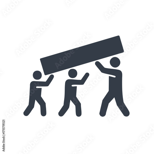 A minimalist graphic icon shows three abstract figures collaboratively lifting a rectangular object, effectively illustrating the concept of teamwork and collective effort.
