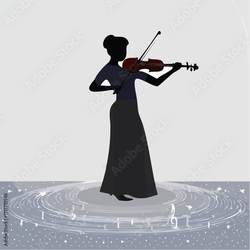 Silhouette of a woman playing the violin, surrounded by swirling musical notes and abstract patterns, evoking a sense of harmony and artistic expression