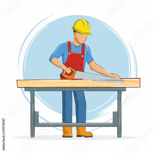 Skilled carpenter in a hard hat performing precise woodworking, sawing a wooden plank on a sawhorse. Manual labor and home improvement concept