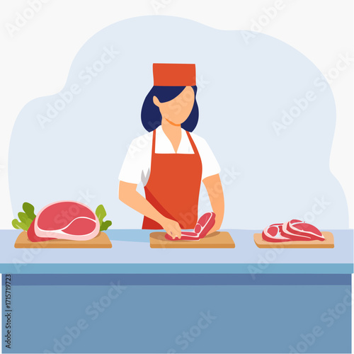 Professional female butcher in a uniform and apron slicing raw red meat with a knife on a cutting board at a shop counter