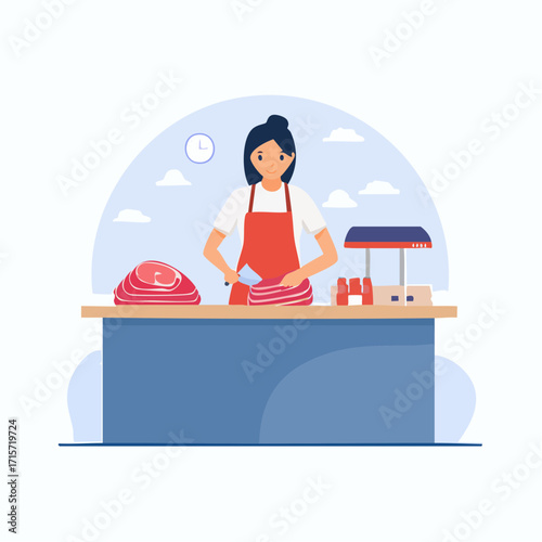 Butcher Shop Female Butcher Cutting Meat at Counter, Fresh Meat, Professional Meat Cutter, Retail Meat Sales, Quality Meat