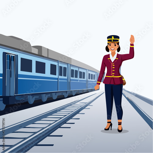 Vector illustration of a friendly female train conductor in uniform waving from a railway platform, representing a concept of public transportation and passenger service