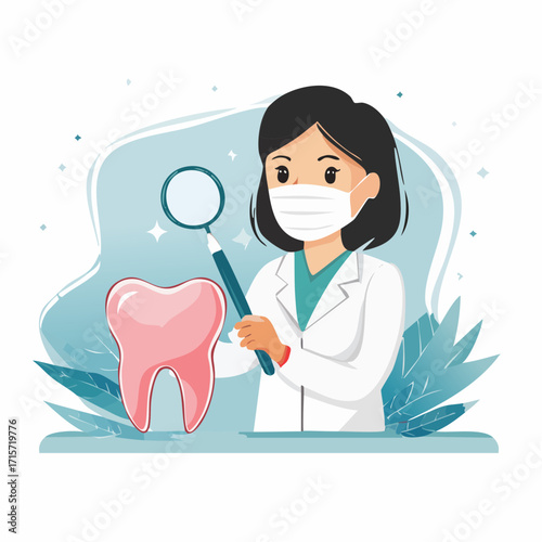 Dental Checkup Dentist Examining Tooth with Mirror in Clinic Illustration